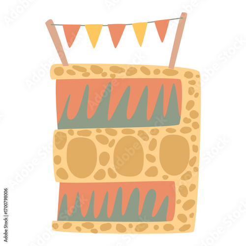 Whimsical cartoon building with decorative flags and abstract patterns.
