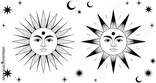Mystical sun and moon illustration, celestial face art, cosmic stars drawing, spiritual boho design, astrology vintage style, magic