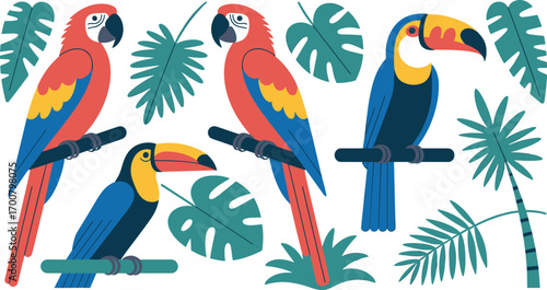Colorful parrots and toucans perched on tropical jungle branches, exotic bird illustration with palm leaves, rainforest nature background design