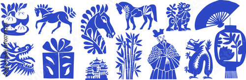 Chinese new year icon set with horse, dragon, lantern, dumplings and traditional Asian symbols in hand drawn style