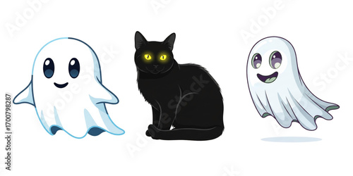 Cute ghosts and black cat ready for Halloween fun