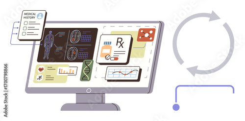 Computer screen with medical history, diagnostics, prescriptions, and charts. Ideal for healthcare, data analysis, diagnostics, telemedicine, health monitoring medical innovation digital