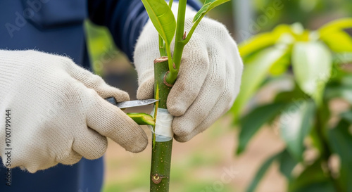 Gardener grafting a young mango tree branch using a sharp knife and grafting tape.