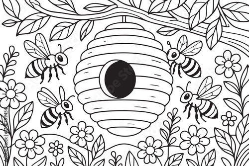 hand drawn vector doodle illustration of Beehive coloring page for kids line art