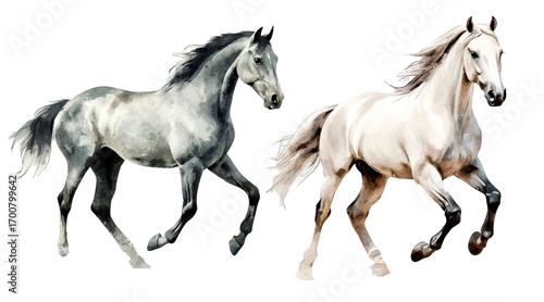 A set of horse watercolors on an isolated white background. Perfect for greeting cards, cliparts, nursery posters, nursery decor, invitations, DIY crafts and fancy animal-themed drawings.