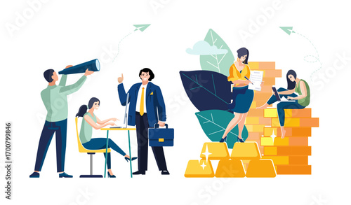 Business. Teamwork. Businessman investor and employees stack funds, on pile of money gold dollar coins, investment growth financing, prosperity and profitability, gold bars, people.Vector illustration