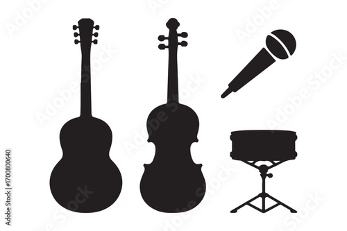 Silhouettes of musical instruments and microphone