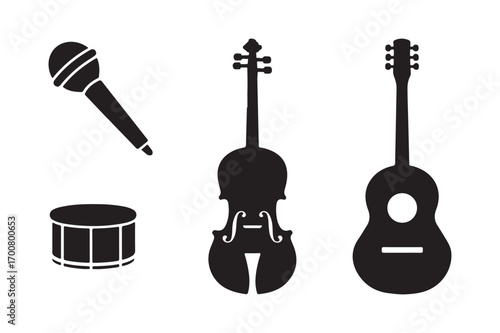 Silhouette of musical instruments including a microphone and drum