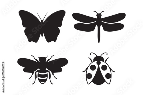 Four insect silhouettes butterfly dragonfly bee ladybug