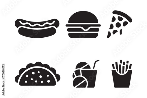 Collection of popular fast food icons in black and white