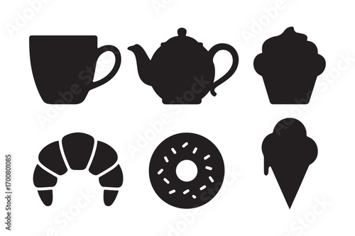 Black silhouettes of breakfast and dessert treats