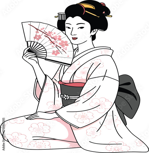 vector, illustration, Japanese woman in kimono and traditional fan, poster, Tokyo, background
