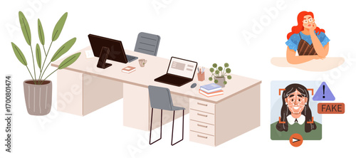 Office desk setup with laptops, chairs, plants, and books. Character reviewing information and fake news warning highlight topics of fact-checking, misinformation, and digital responsibility. Ideal