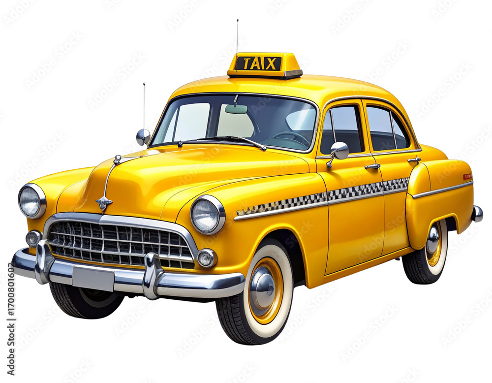 Classic American Yellow Taxi, Pristine Condition, Front-Side View, Isolated. Classic American Yellow Taxi, Pristine Condition, Front-Side View, Isolated.