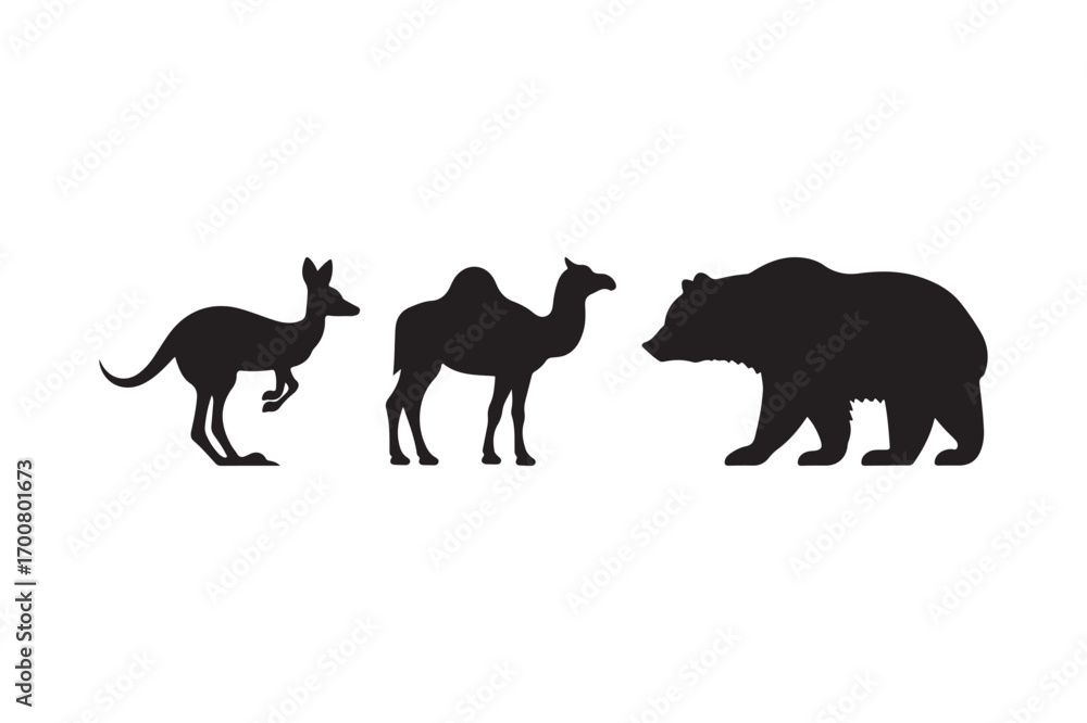 Fototapeta premium Silhouettes of a kangaroo camel and bear