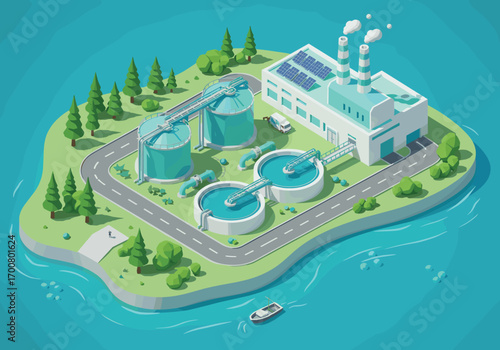 3D isometric illustration of eco-friendly industrial plant, clean energy facility, solar-powered water treatment, green technology, sustainable factory on island