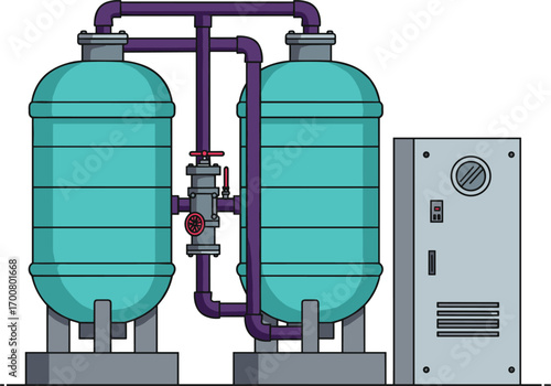 Flat illustration of industrial water filtration system, control panel and tanks, wastewater treatment, clean technology, modern environmental engineering