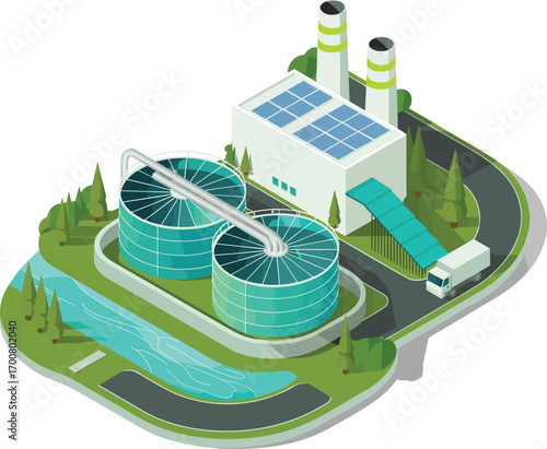 Modern isometric illustration of water treatment facility, industrial tanks, renewable energy plant, sustainable infrastructure, clean technology, environmental conservation