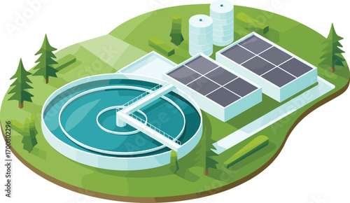 Modern isometric illustration of water treatment plant, wastewater management, clean water process, engineers inspecting facility, sustainable environmental infrastructure