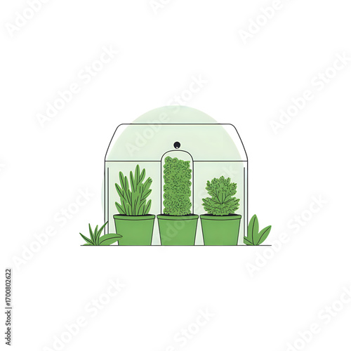 Small greenhouse with three potted plants, symbolizing growth and nurturing nature.