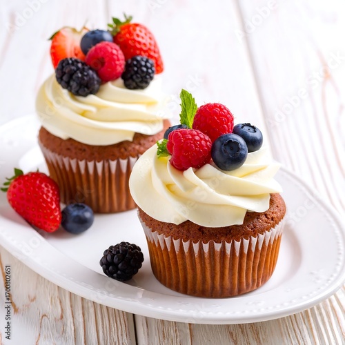 Two cupcakes with whipped cream and fresh berries