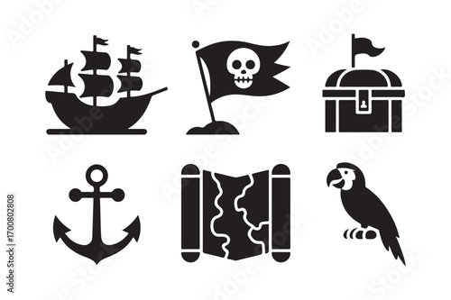 Pirate icons collection featuring ship treasure map parrot