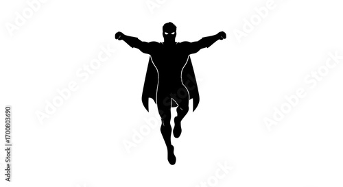 Heroic superhero flying with outstretched arms silhouette isolated on white background