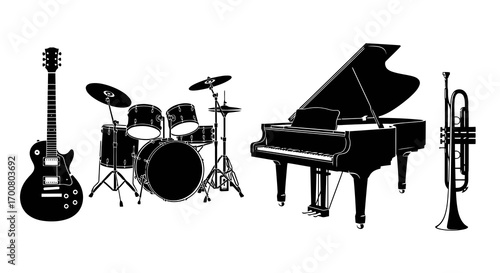 Musical instruments silhouette isolated on white background