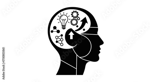 Abstract conceptual human head silhouette with gears and lightbulb isolated on white background