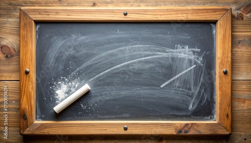 Chalkboard with a wooden frame and chalk on a rustic table.