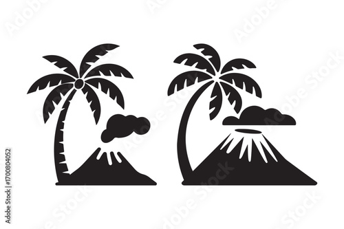 Tropical volcano island with palm trees silhouette