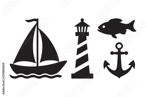 Nautical silhouette icons of sailboat lighthouse fish and anchor