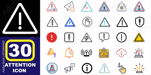 Collection of warning and attention icons for safety and alert purposes