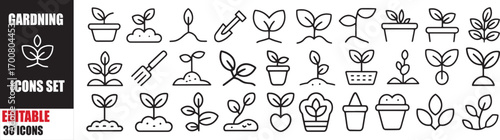 Vector Gardening Icons Set: Editable Plants, Leaves & Seedling Line Icons for Nature and Agriculture

