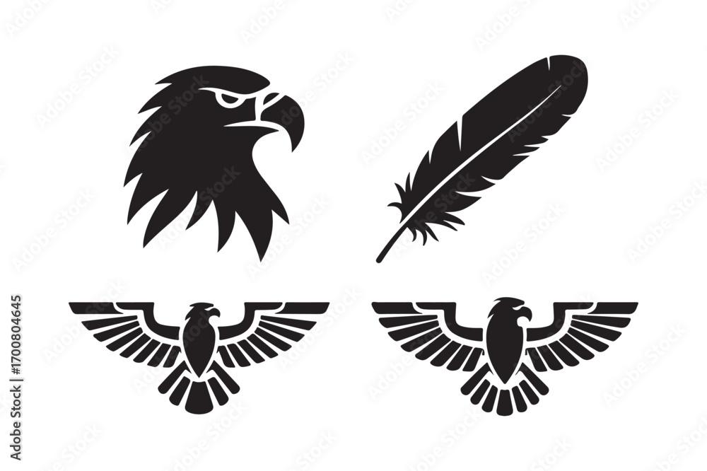 Obraz premium Black eagle head feather and wings silhouette icons