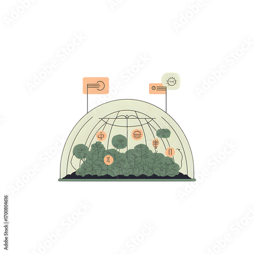 Sustainable greenhouse ecosystem nurturing diverse plant life with scientific symbols