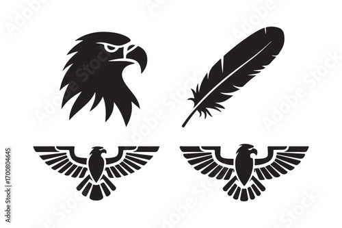 Black eagle head feather and wings silhouette icons