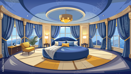 Breathtaking 360-degree panorama of a luxury penthouse bedroom, highlighting a navy blue upholstered bed, soft cream walls, sheer drapes, and subtle recessed lighting, creating an atmosphere of refine