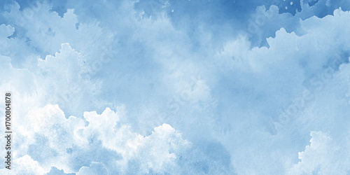 Blue sky with clouds. Light sky blue shades watercolor background. 