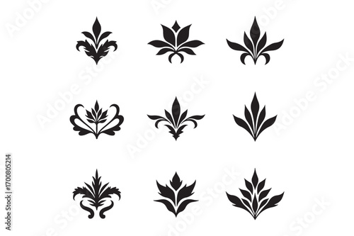 Collection of nine elegant black floral ornate embellishments