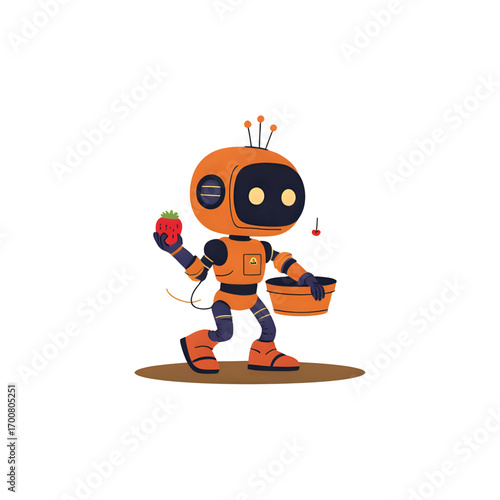 Friendly orange robot cheerfully gathering fresh strawberries in a basket