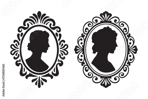 Elegant oval silhouettes of victorian women in frames