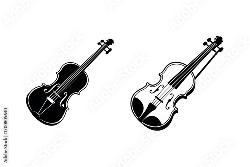 two violins displayed side by side showing detailed craftsmanship silhouette