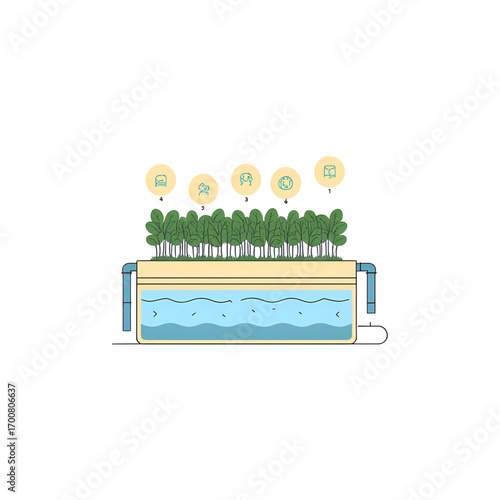 Sustainable urban farming system with water purification and renewable energy icons