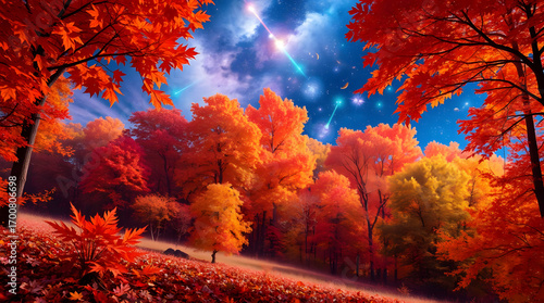 Surreal autumn landscape with vibrant trees, colorful leaves, and a starry night sky filled with cosmic elements
