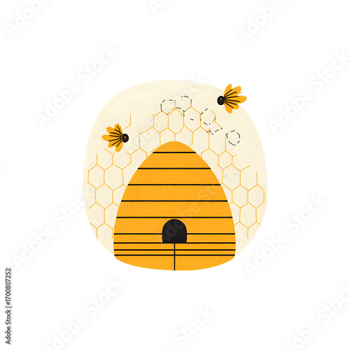 Charming illustration of a beehive with buzzing bees and honeycomb pattern