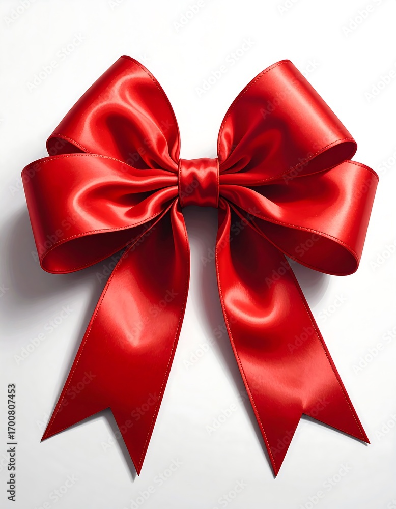 Fototapeta premium A vibrant red satin ribbon bow, elegantly positioned against a plain white background, exudes a celebratory and festive atmosphere.