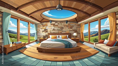 Splendid panoramic 360 view of a rustic-modern bedroom, featuring a walnut wood bed, stone accent wall, crisp linens, and soft natural lighting, merging countryside warmth with contemporary style.