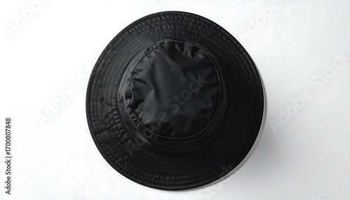 A simple, black bucket hat sits atop a plain white surface.