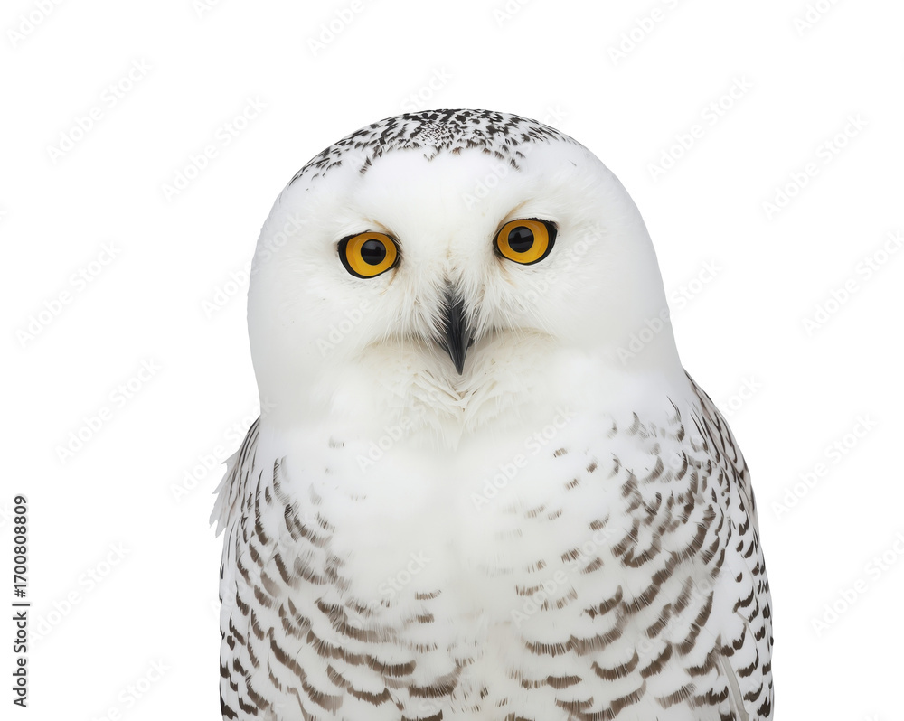Obraz premium Captivating close-up of a majestic snowy owl, showcasing its piercing gaze and pristine white plumage